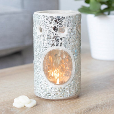  - Silver Pillar Crackle Glass Oil Burner (Height) 14.5 Cm