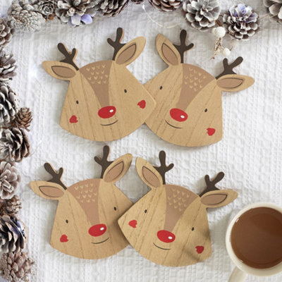 Set Of 4 Wooden Reindeer Drink Coasters from B&Q