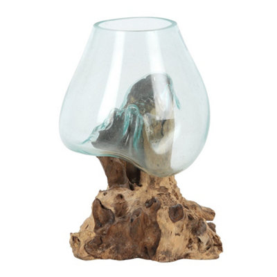 Something Different Molten Glass Bowl On Root Wood Stand Extra Large