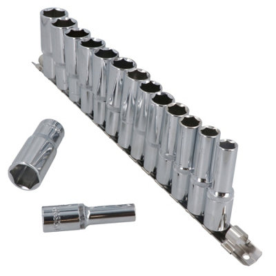 AB Tools 15Pc 1/2In Dr Deep Reach Crv Sockets On Rail 10-24mm Hex 6 Point Metric from B&Q