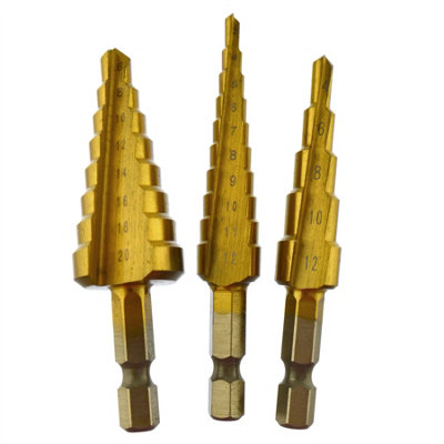 AB Tools 3Pk Hss Step Cone Drill Titanium Coated Hole Cutter Hex Shank Metal Plastic from B&Q
