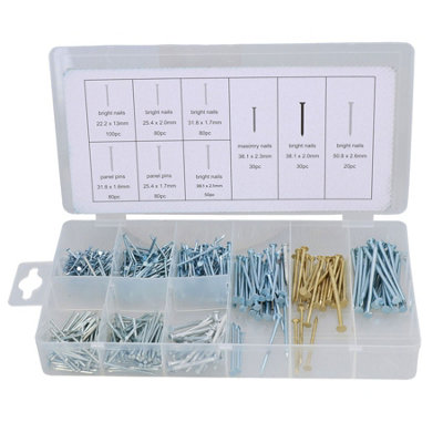 AB Tools 550Pc Metal Wood Nail Masonry Panel Pins Bright Nails Assortment Kit Ast52 from B&Q