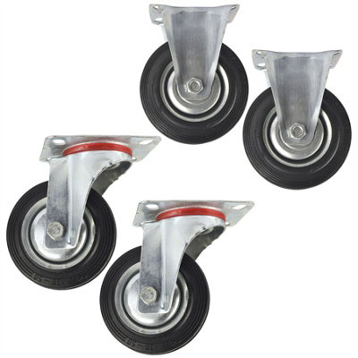 B&Q -  4" (100mm) Rubber Fixed And Swivel Castor Wheel Trolley Caster (4 Pack)