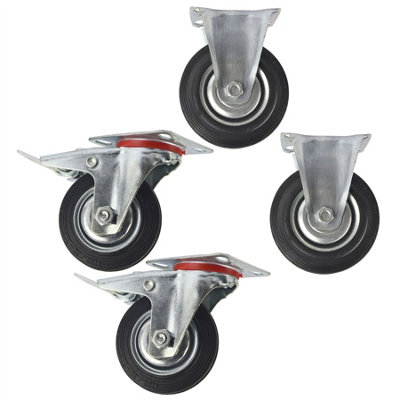 B&Q -  4" (100mm) Rubber Fixed And Swivel With Brake Castor Wheels (4 Pack)