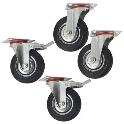AB Tools 5" (125mm) Rubber Swivel And Swivel With Brake Castor Wheel (4Pack) from B&Q
