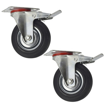 B&Q -  5" (125mm) Rubber Swivel With Brake Castor Wheels Trolley Caster (2 Pack) Cst08