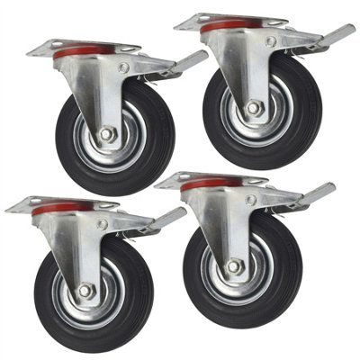 AB Tools 5" (125mm) Rubber Swivel With Brake Castor Wheels Trolley Caster (4 Pack) Cst08 from B&Q
