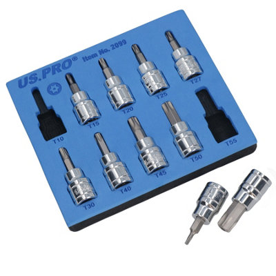 B&Q -  3/8" Drive Tamper Torx Star Bit Male Shallow Sockets T10T55 10Pc