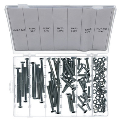 AB Tools 100Pc M8 8mm Bolts Bolt With Nuts Assortment 30 - 100mm Hex Head