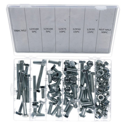 AB Tools 100Pc M12 12mm Bolts Bolt With Nuts Assortment 30 - 100mm Hex Head