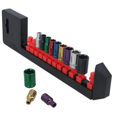 AB Tools 12Pc Coloured 1/4" Dr Shallow Sockets 6 Point Hex Metric 413mm With Rail from B&Q