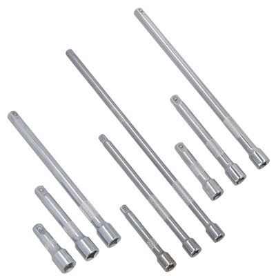 B&Q -  9Pc 1/4" 3/8" 1/2" Drive Straight Socket Extension Bar Set 75mm 125mm 250mm