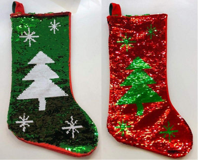Shatchi Green/Red 45Cm Long Novelty 2 In 1 Sequin Christmas Santa Stocking Sack Sock Xmas Gifts Bag Extra Large