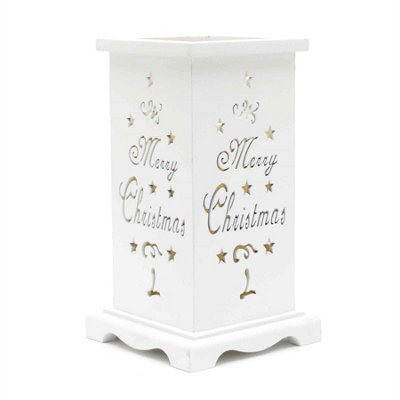Shatchi Led Candle Flameless Table Top Wooden Holder Engraved Merry Christmas Battery Operated White