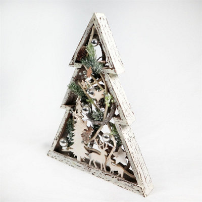Shatchi Christmas Pre-Lit Warm White Led Frame Centrepiece Decoration With Pinecones And Baubles Star/rectangleWooden Tree from B&Q