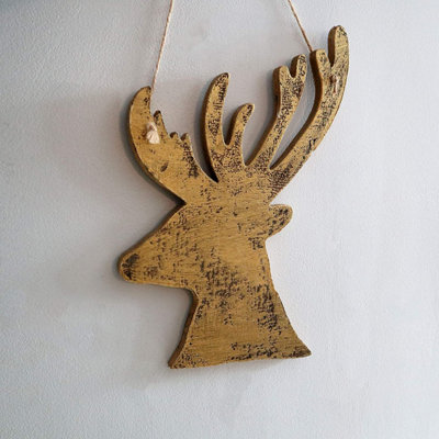 Shatchi 26Cm Golden Christmas Wooden Hanging Deer Wall Decoration Xmas Home Office Holiday Decorative Centrepiece from B&Q