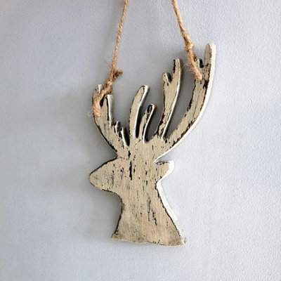 Shatchi 26Cm Cream Christmas Wooden Hanging Deer Wall Decoration Xmas Home Office Holiday Decorative Centrepiece from B&Q