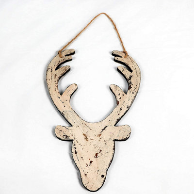 Shatchi 26Cm Cream Christmas Wooden Hanging Deer Head Wall Decoration Xmas Home Office Holiday Decorative Centrepiece from B&Q