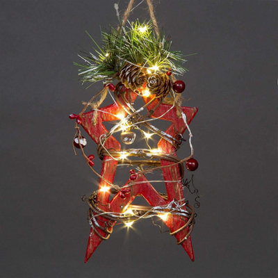 Shatchi 20Cm Wooden Led Star Hanging Ornament Christmas Holiday Home Décor With 15 Warm Leds Red/White