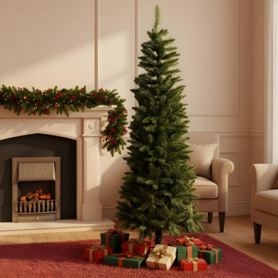 B&Q -  8Ft Slim Pine Green Tree Christmas Holiday Festive Xmas Home Decorations With Pencil Point Tips