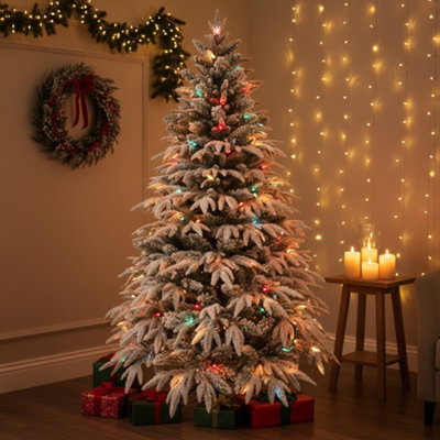 Shatchi 7Ft Pre-Lit Lapland Fir Artificial Christmas Tree Snow Flocked Pe Pvc Mixed Tips Hinged Branches Green