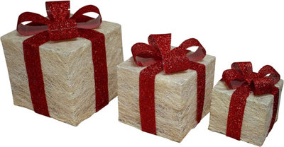 Shatchi Christmas Parcels Pre-Lit Battery Operated Led Glitter Rattan Xmas Presents Novelty Decorations Set Of 3Cream from B&Q