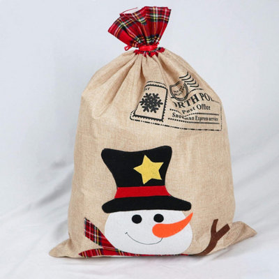 B&Q -  Large Santa Sack Stocking Printed Pattern Burlap Hessian Linen Xmas Sock Hanging Gift Bags 70X50Cm