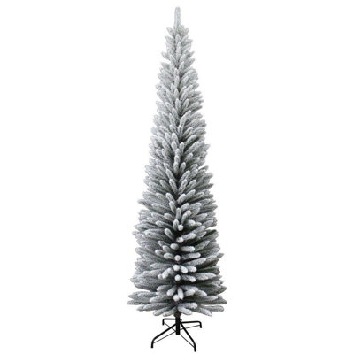 B&Q -  Artificial Slim Christmas Pencil Tree Holiday Home Decorations With Pointed Tips And Metal StandSnow Flock6Ft