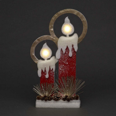 Shatchi 51Cm Christmas Pre Lit Twin Candles Battery Operated Glitter Foam Snow Covered Finish Table Decoration Red from B&Q