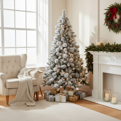 Shatchi 8Ft Pre-Lit Snowy Helsinki Fir Snow Covered Flocked Luxurious Artificial Green Christmas Tree from B&Q