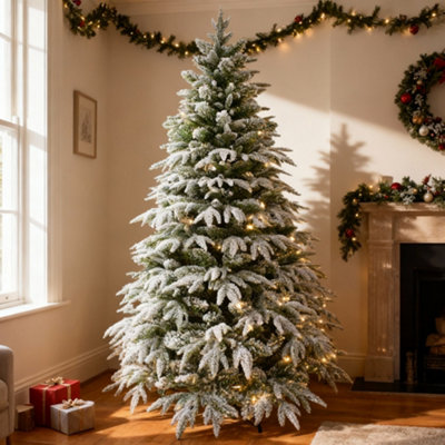 B&Q -  8Ft Pre-Lit Lapland Fir Artificial Green Christmas Tree Snow Flocked Pe Pvc Mixed Tips Hinged Branches Bushy