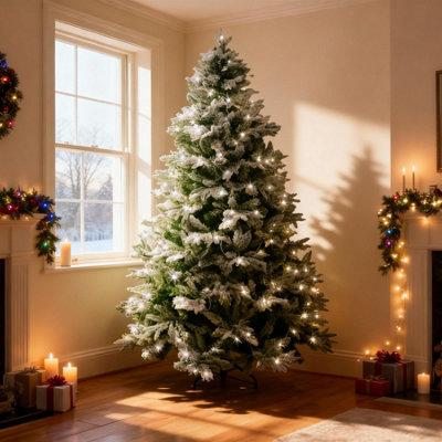 Shatchi 4Ft Pre-Lit Snow Flocked Artificial Christmas Tree Lapland With Cool White Led Lights Snowy Bushy Hinged Branches from B&Q