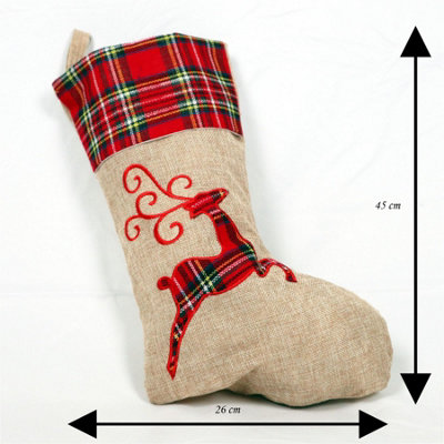 B&Q -  Large Xmas Stocking Printed Pattern Burlap Hessian Linen Sack Sock Hanging Bags Home Decorations-Reindeer