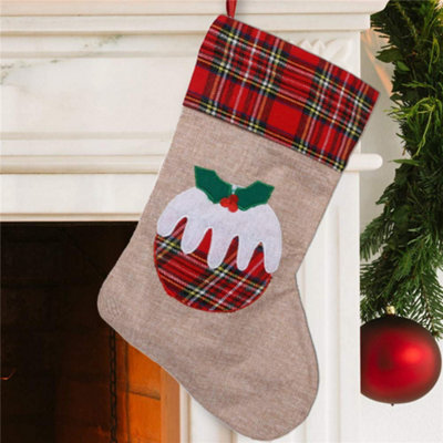 Shatchi Xmas Stocking Printed Pattern Burlap Hessian Linen Sack Sock Hanging Bags Christmas Pudding, 26X25cm Extra Large B&Q
