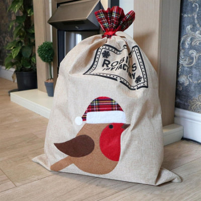 B&Q -  Large Santa Sack Stocking Printed Pattern Burlap Hessian Linen Xmas Sock Christmas Hanging Gift Bags Home Decorations Snow