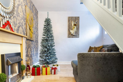 B&Q -  6Ft Artificial Flocked Slim Christmas Pencil Tree Holiday Home Decorations With Pointed Tips