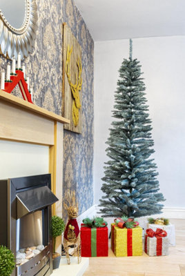 B&Q -  7Ft Artificial Flocked Slim Green Christmas Pencil Tree Holiday Home Decorations With Pointed Tips And Metal Stand