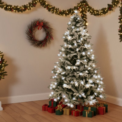 Shatchi 10Ft Pre-Lit Snow Flocked Artificial Christmas Tree Lapland With Cool White Led Lights Snowy Bushy Hinged Branches from B&Q