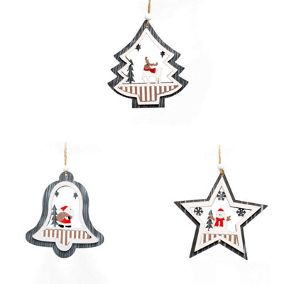 Shatchi Christmas Tree Ornaments Wooden Aesthetic Hanging Decorations Assorted Grey Shapes 3Pcs from B&Q