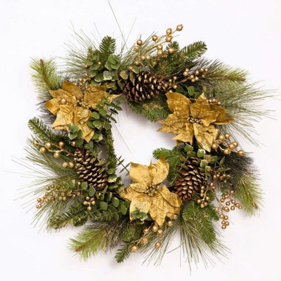 Gold Poinsettia /berry & Cone Wreath-60Cm from B&Q