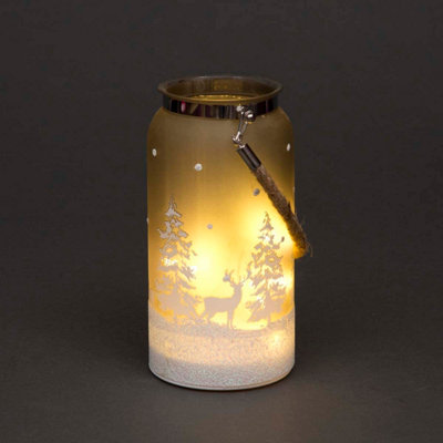 B&Q -  23Cm Christmas Decorated Jar Table Winter Forest Scene Lantern