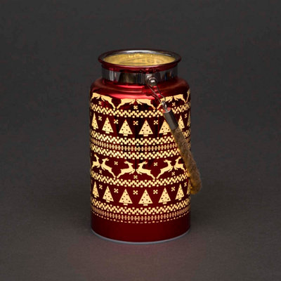 B&Q -  16Cm Christmas Decorated Jar Table Skandi Design Red Lantern
