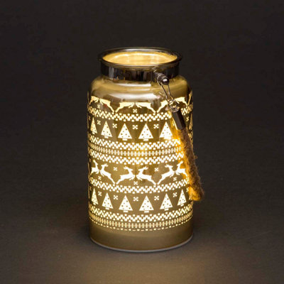 B&Q -  16Cm Christmas Decorated Jar Table Skandi Design Gold Lantern