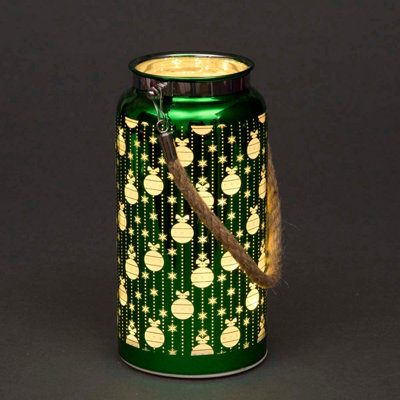 B&Q -  20Cm Christmas Decorated Jar Table Baubles Design Green Lantern