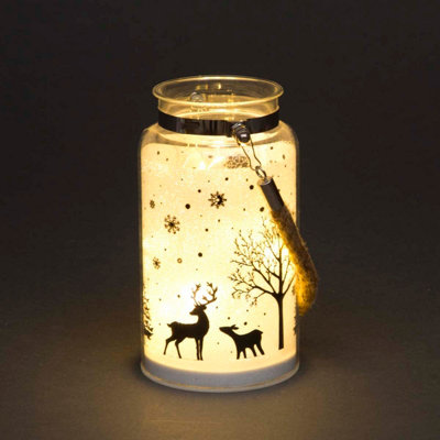 B&Q -  16Cm Christmas Decorated Jar Table Winter Woodland Scene Lantern