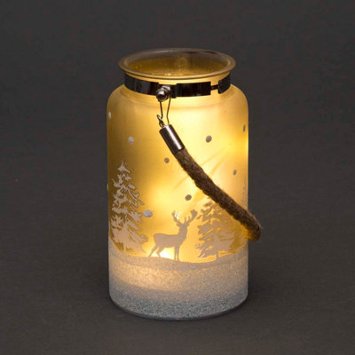 B&Q -  16Cm Christmas Decorated Jar Table Forest Scene Frosty Lantern
