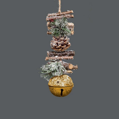 B&Q -  Hanging Decoration With Jingle Bells Wooden SticksBerries And Pinecones Christmas Home Wall Door 33Cm Golden