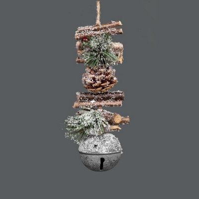 Shatchi Hanging Decoration With Jingle Bells Wooden SticksBerries And Pinecones Christmas Home Wall Door 33Cm Silver from B&Q