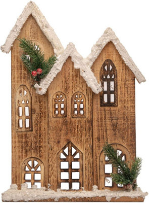 B&Q -  35Cm Battery Powered Warm White Leds Wooden House Snow Covered Cottage Village Indoor Christmas DecorationsWoodBrown