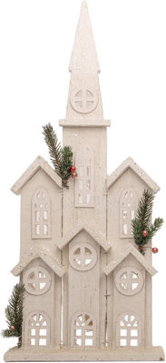Shatchi White 58Cm Wooden Church House With Warm Led Lights, Snow Covered Cottage Style Indoor Decoration - Image 4
